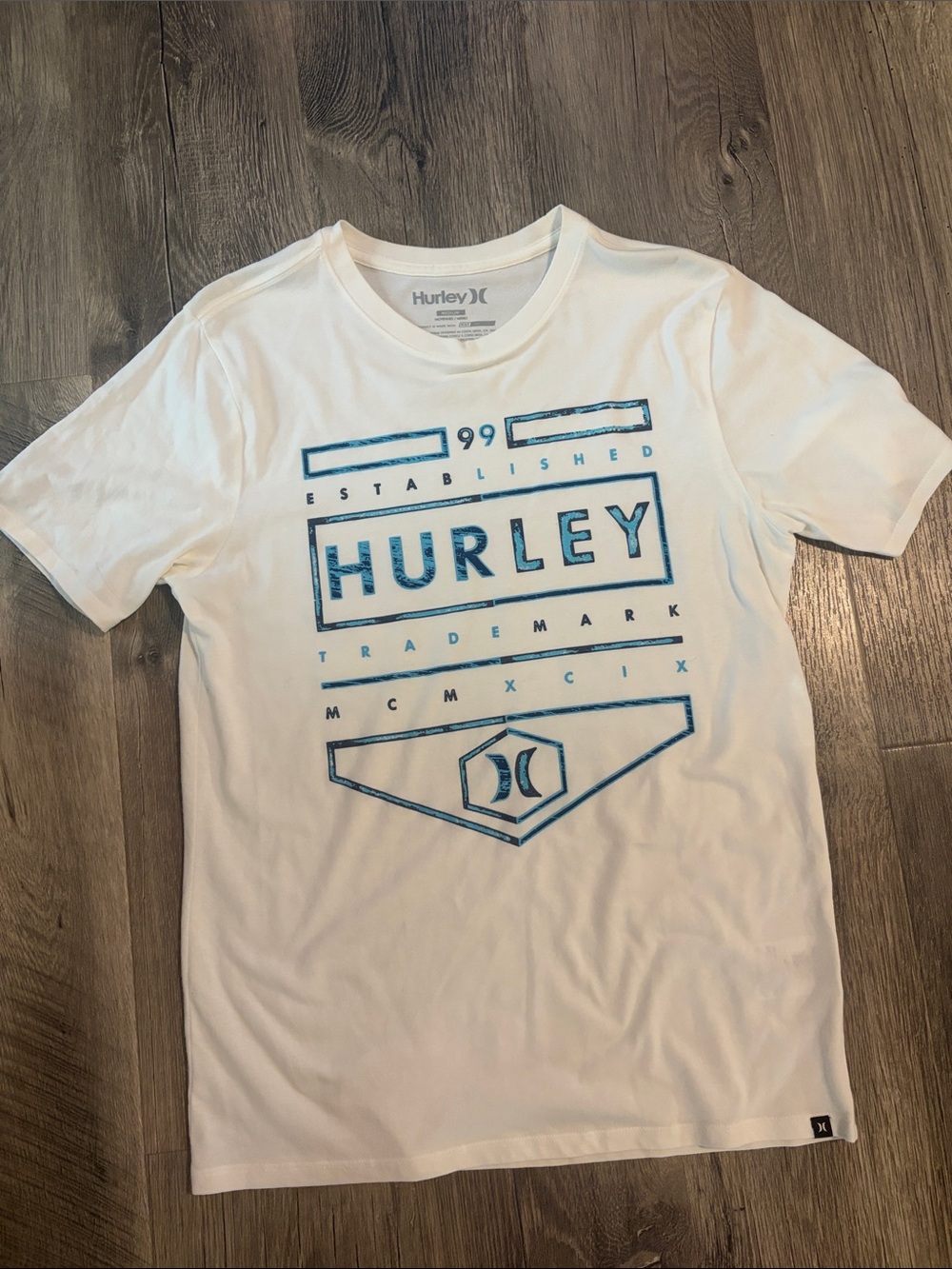 Hurley White Short Sleeve Tee with Blue Graphic Logo